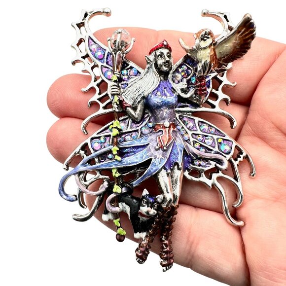 Kirks Folly Womens Pin Pendant Crystal Silver Tone Owl Black Cat Witch Fairy - Picture 1 of 3